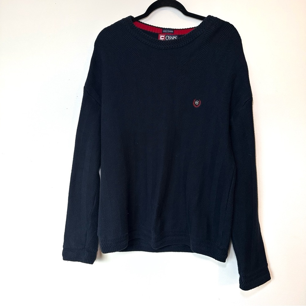 Vintage 1990s Chaps Ralph Lauren Hand Framed Striped Knit Crewneck Blue Sweater